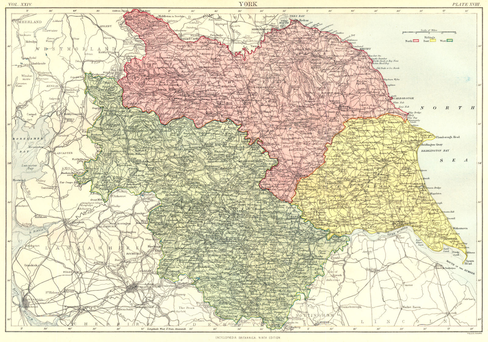 YORKSHIRE. Showing North West East ridings. Britannica 9th edition 1898 map